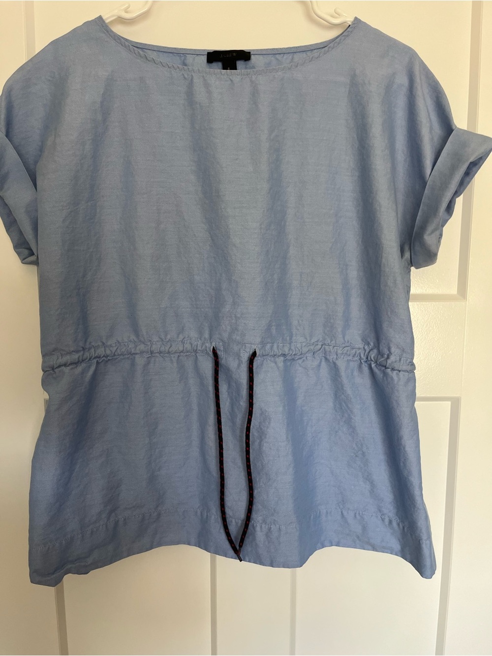 J. Crew Blue Cuffed Short Sleeve Cinched Waist Cotton Blouse (S)